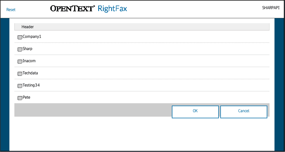 View of the RightFax address book from the MFP panel